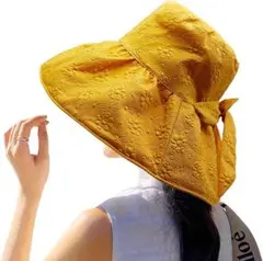 向日葵イエロー　つば広ハット　旅行の時写真映えするお色　凹凸のあるカワイイ生地