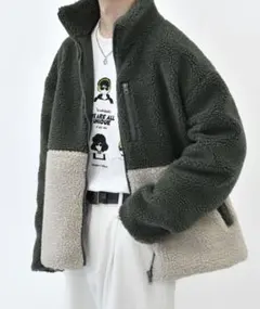 perushu 配色ボアブルゾン カーキ