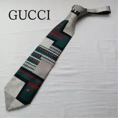 【訳あり】グッチ ネクタイ 緑色 アート調総柄 高級シルク100％【n6767】