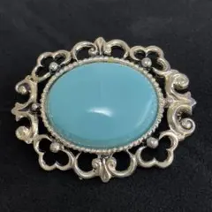 【14】アンティーク調ブローチ　ブルーグリーンのストーン　シンプル　ヴィンテージ