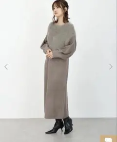 fifthフェザーニットドッキングワンピース ファー付きグレー長袖ワンピース