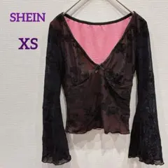 美品✨️SHEIN 【XS】ブラウス　トップス　長袖　黒　ピンク　花柄　刺繍　古着