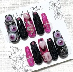 ネイルチップ 目玉 ピンク クロス パンク 蛇 ブラック 歯 個性的 サブカル