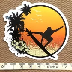 ★1501 【新品】ステッカー サーフィン ハワイ ハイビスカス 夕陽 オレンジ