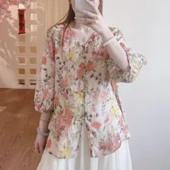 花柄 プリント カジュアル 薄手 ブラウス 大きいサイズ V字襟 夏にぴったり
