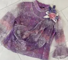レースブラウス 紫 パープル L コサージュ付 袖レース