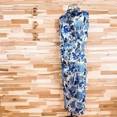 【ザラ】サテン ボタニカル 花 ラップ巻き ロング ワンピース 総柄 S 青×白