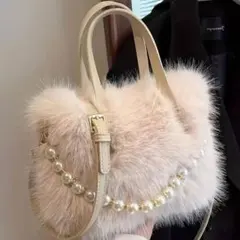 ファーショルダーバッグ パールチェーン付き　2WAYタイプ　レディース