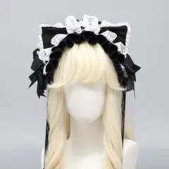★SALE★ネコ耳 ヘッドドレス リボン フリル ハロウィンコスプレ ブラック黒