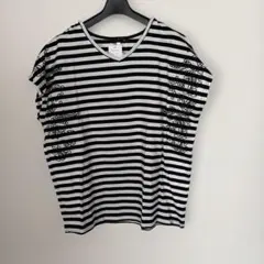 Piasolar Vネック半袖Tシャツ M-L ブラック/ホワイトストライプ