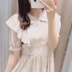 evelyn 襟チェックロングOP ギンガムチェック 襟フリル 編み上げ