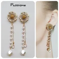 【一点物】‪アンティーク風パールグレーフラワーＷチェーンピアス/イヤリング