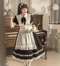 新品 メイド服 ロング 6点セット M 黒 ロリータ クラシカル コスプレ 上品