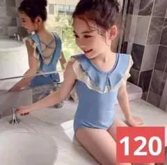 キッズワンピース水着２点セット（120サイズ）ブルーレースキャップ付き009