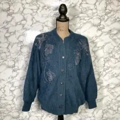 ヴィンテージ　（M~L相当）　ビーズ刺繍カーディガンコート　裏地付　グリーン