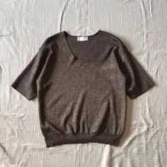 ラメ　ハイツイスト　ブラウン　Vネック　半袖　プルオーバー　コットン　ニット