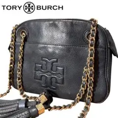 美品 トリーバーチ チェーン ショルダーバッグ エンボス レザー デカロゴ 黒