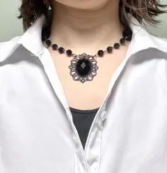エレガント ブラック ビジューネックレス　ビーズネックレス