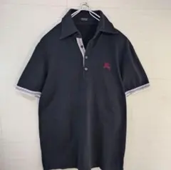 バーバリーブラックレーベル　ポロシャツ　刺繍ロゴ　半袖　ストライプ　ブラック