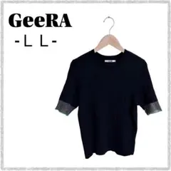 GeeRA 袖口シアーリブニット LL 黒 バイカラー 5分袖 サマーニット