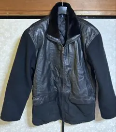 レザーとニットジップアップジャケット　ファー付き　黒　ヴィンテージ　革ジャケット
