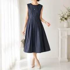 美品 S MaxMara リネン混 ノースリーブフレアワンピース 40 ネイビー
