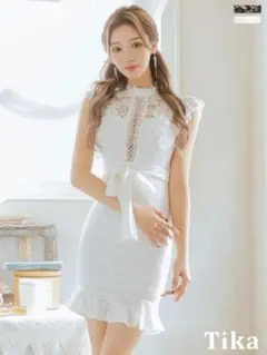 Tikaノースリーブ総フラワーレースウエストリボンフリルタイトミニドレスM新品