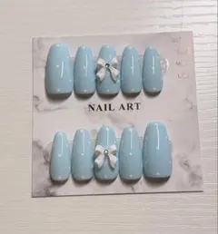 水色リボン付きネイルチップセット
