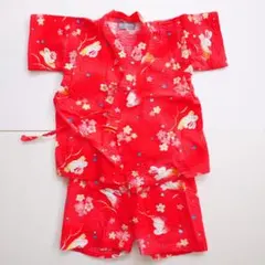 90　ウサギ　甚平　浴衣　女の子　赤　レトロ　綿100 コットン　和柄　レッド