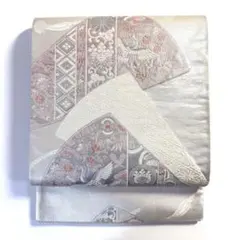 5k3123 袋帯　絹　唐織　鶴　銀色　白　ピンク　花柄　和装　着物