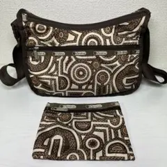 【美品】レスポートサック ショルダーバッグ ポーチ付 幾何学柄 ブラウン 茶