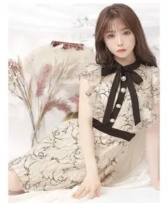 dazzystore ネックリボンフラワー総レースフリルAラインミニドレス