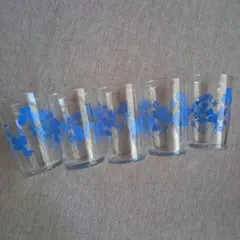 青い花柄ガラスコップ5個セット