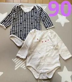 コトリ　ハート柄　黒白チェック　厚手キルト肌着　ロンパース　90 2点セット