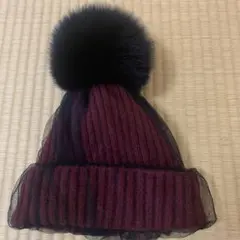 ワインレッド ニット帽 ファー付き