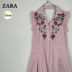 ZARA　ザラ　フレアワンピース　ストライプ　花柄　刺繍　赤　白　フリル　M