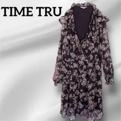美品 ✨TIME TRU 花柄フリル長袖ワンピース 【XL】シフォン生地 美品