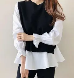 黑ニット ベスト シャツ ブラウストップス レディース フリル ホワイト