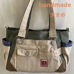 オーバーオール　デニムリメイク　トートバッグ　ベージュ＆カーキ