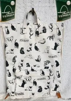 TEMBEA リュックサック - キャンバス アイボリー×黒 バッグ 猫