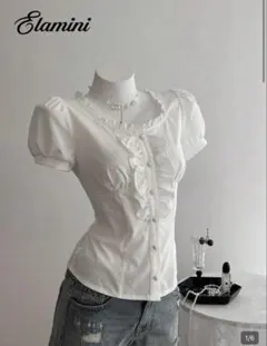 SHEIN Elamini レディース フリルトリム 袖パフ 単列ボタンブラウス