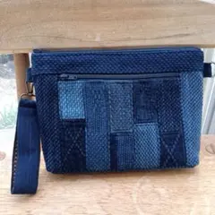 古布藍染木綿二重剣道着リメイク　ポーチ（クラッチバッグ）ハンドメイド