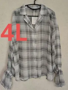 大きいサイズ 新品 4L チェック柄 バルーンスリーブ長袖シャツ フリル袖