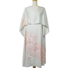 着物リメイク　総絞り淡いグリーン+ピンクの訪問着　ケープ付きエレガントワンピース