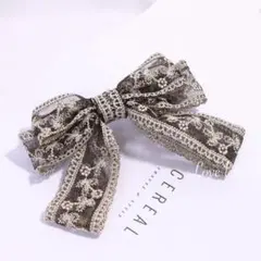 No.305 フラワーレース刺繍リボンバレッタ ブラック 韓国 量産型 地雷