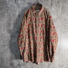 90s 総柄 コットンシャツ 幾何学柄 ボタンダウン 古着 L 柄シャツ　長袖