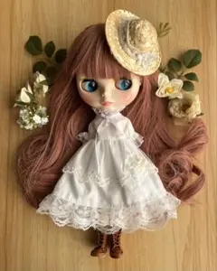 ネオブライスサイズ　ワンピース、ペチコート、麦わら帽子セット　白のサムネイル