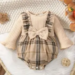 ベビー服　女の子　ロンパース　赤ちゃん　リボン　70cm　春秋　ベージュ