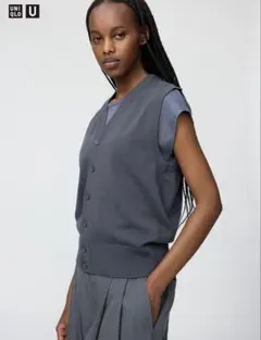 ユニクロユー ウォッシャブルボタンダウンニットベスト M ブルー