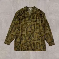 総柄シャツ 長袖 カーキ系 ペイズリー柄 レトロ カジュアル 秋冬 ヴィンテージ